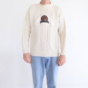 Vintage 90S Eddie Bauer Cream Cable Knit Nautical Mock Neck Sweater Medium